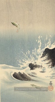 saumon sautant Ohara KOSON Shin Hanga Peinture à l'huile